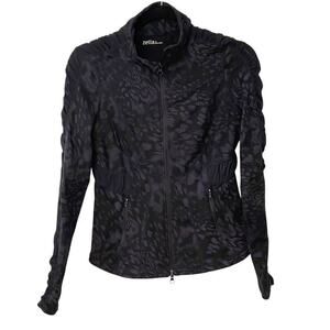 Zella Full Zip Athletic Jacket Mesh Detail Black Purple Mock Neck Thumb Holes S